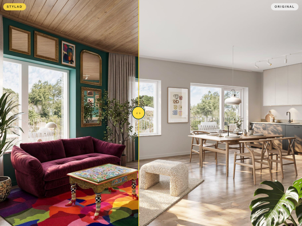 Samma vardagsrum före och efter Westyle Studio styling